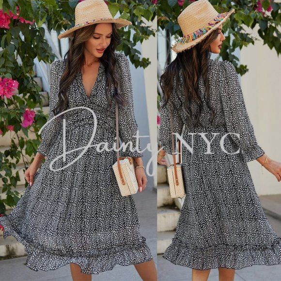 Dainty NYC Dresses & Skirts - Boho Confetti Ruffle V Neck Bubble Sleeve Dress